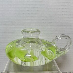 Joe St Clair Art Glass Green Trumpet Flower Paperweight Candle Stick Holders